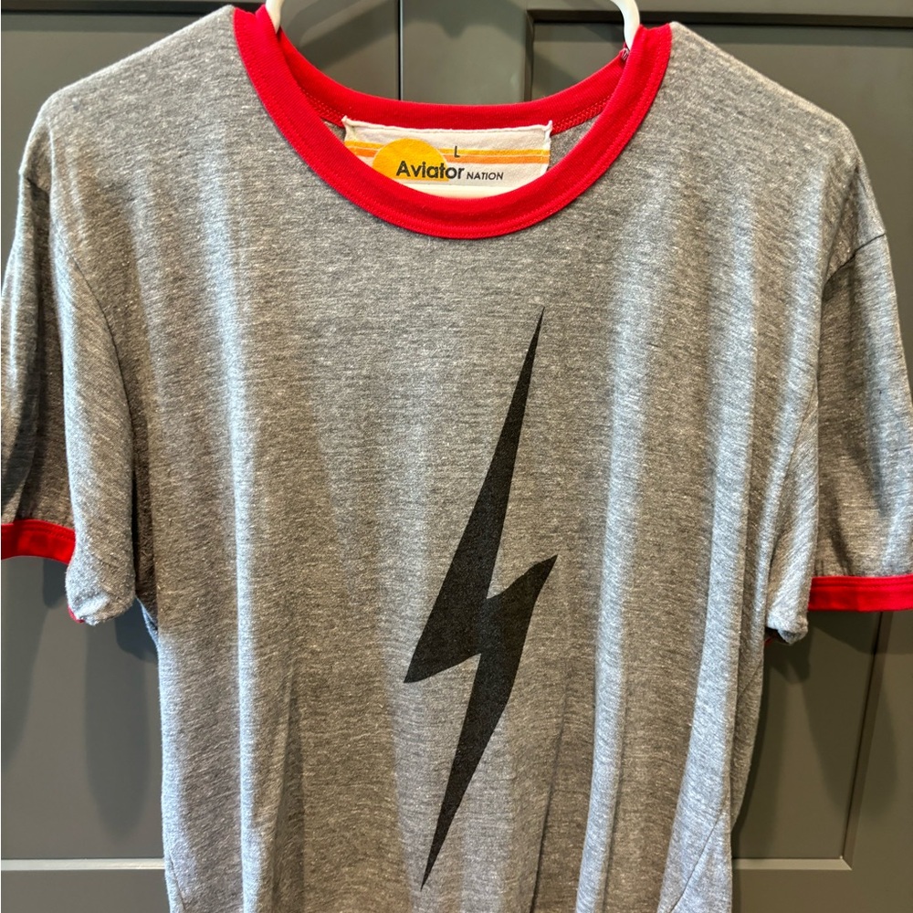 NWOT- aviator nation bolt boyfriend ringer tee- gray/ red-size large